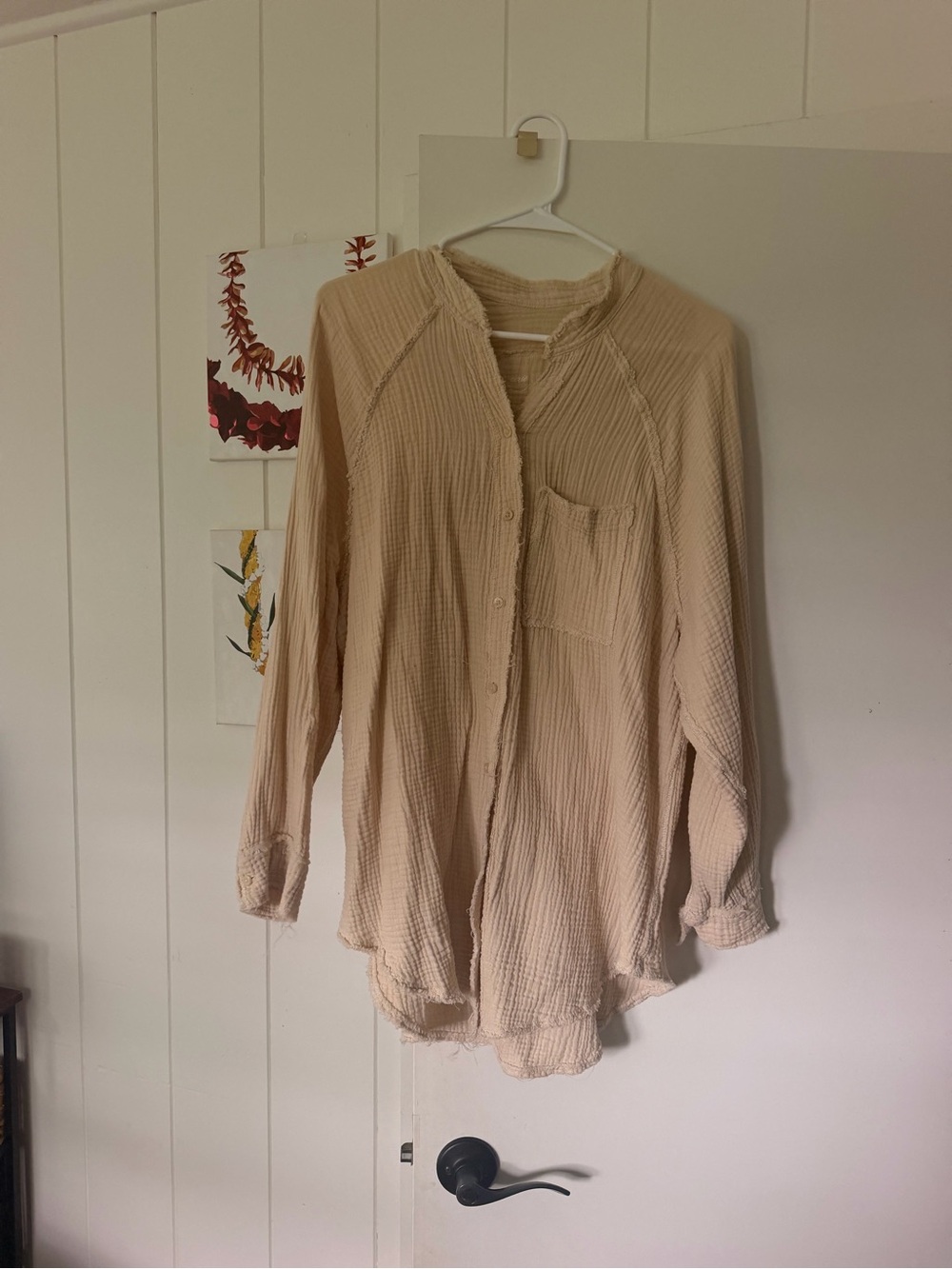 Aerie Cream Button-Front Gauze Shirt Long Sleeve